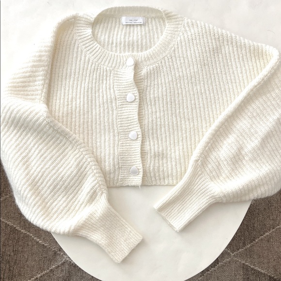 OAK + FORT Cream Knit Boxy Wool Button Down Crop Cardigan...